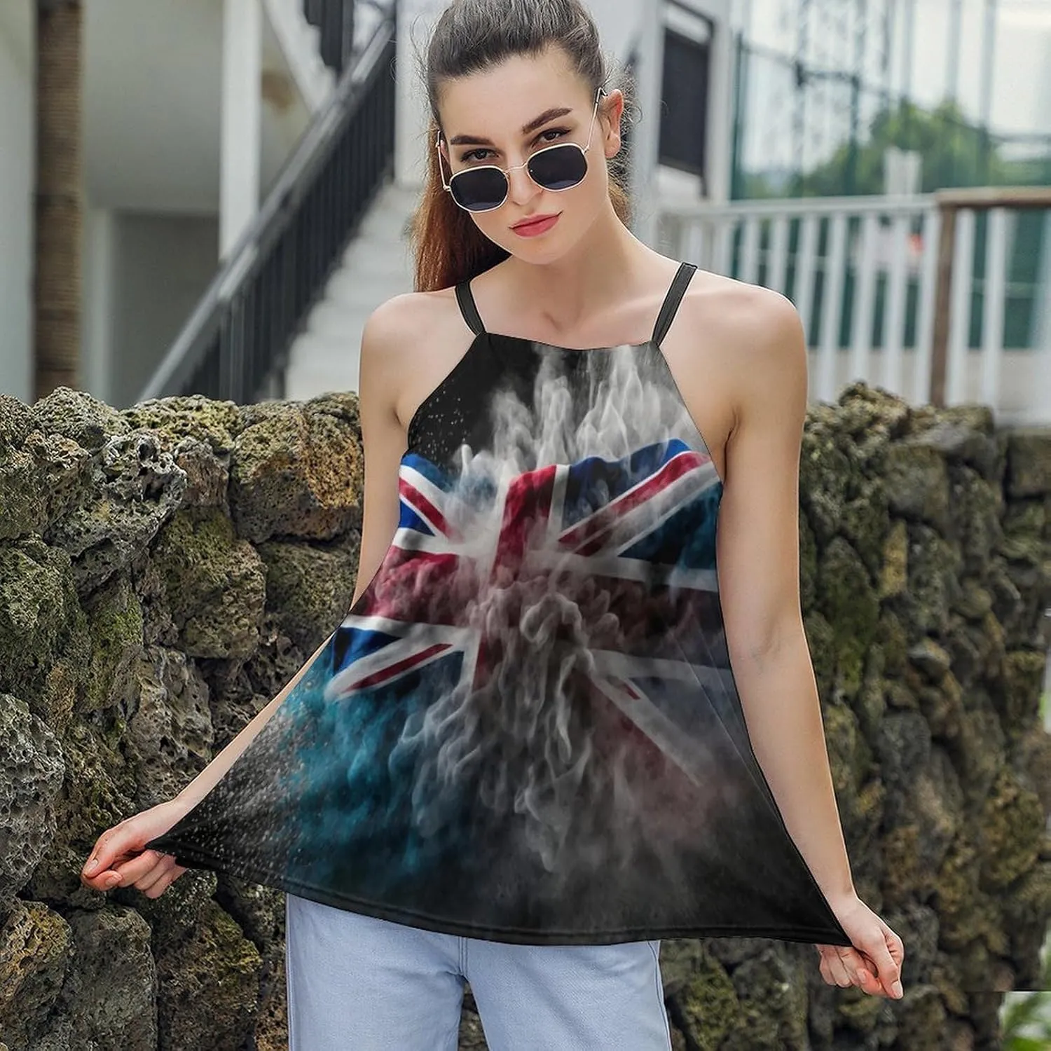 Workout Tops for Women British Flag Racerback Basic Tank Summer Lace-up Unique Camisole Round Neck