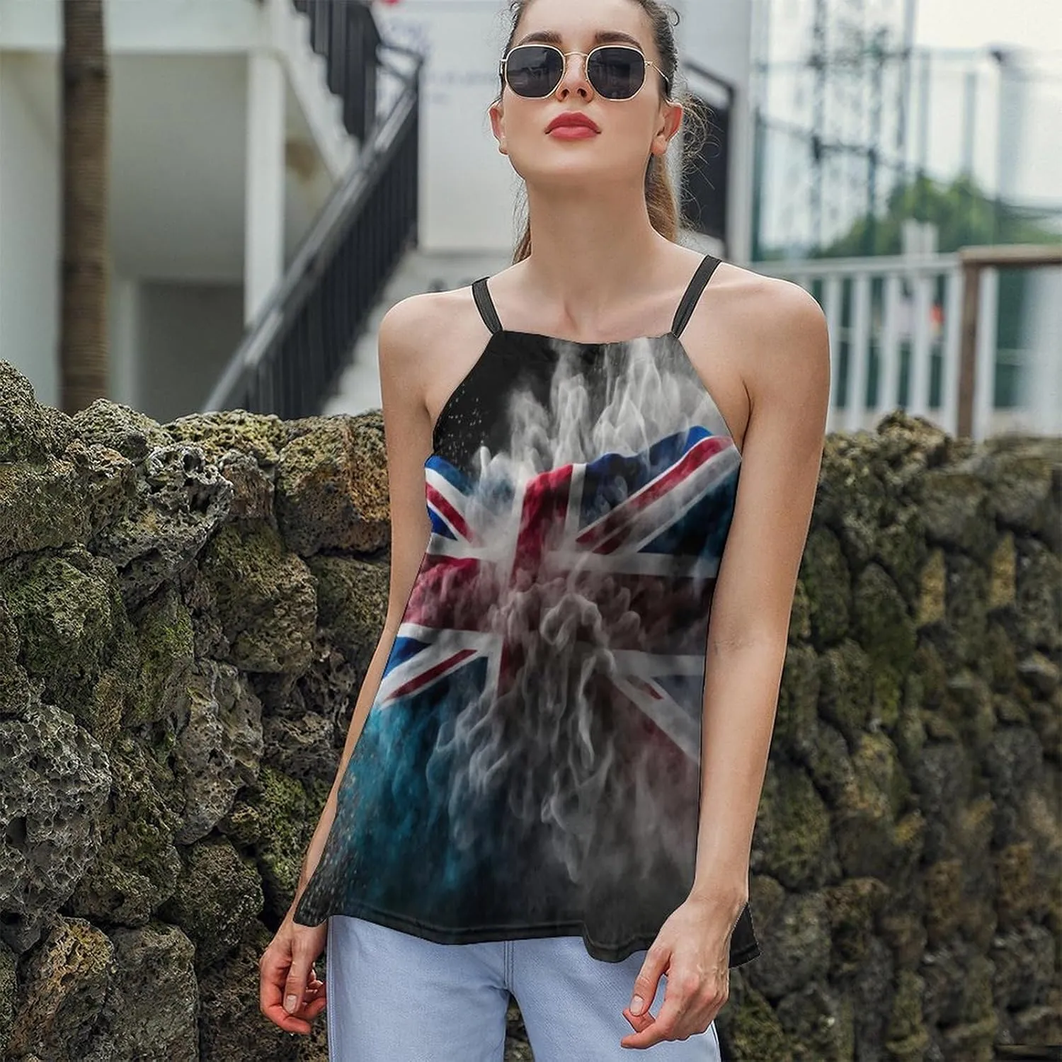 Workout Tops for Women British Flag Racerback Basic Tank Summer Lace-up Unique Camisole Round Neck