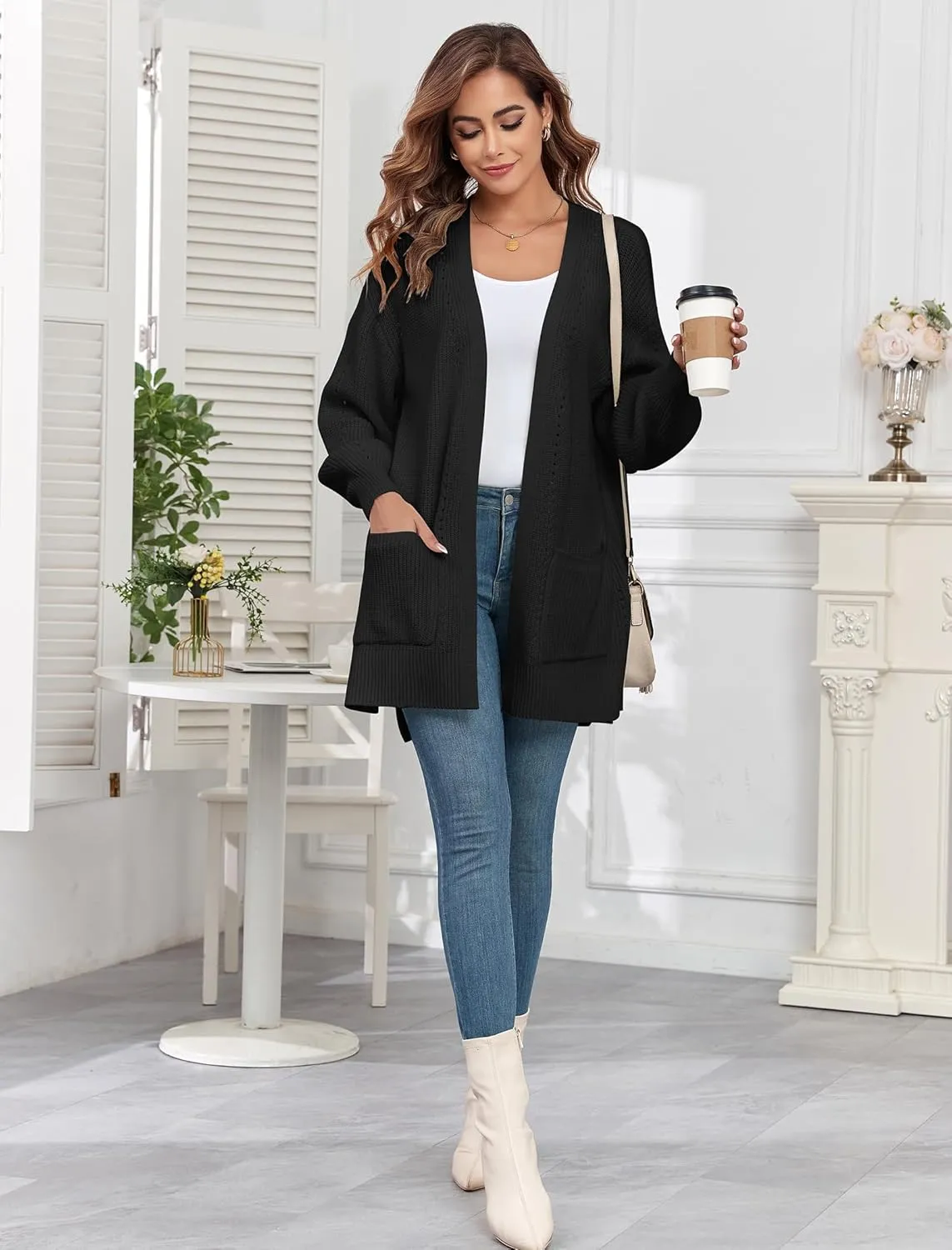 ZAFUL Women's 2024 Fall Knit Cardigans Long Sleeve Open Front Oversized Cardigan Sweaters Jackets with Pockets
