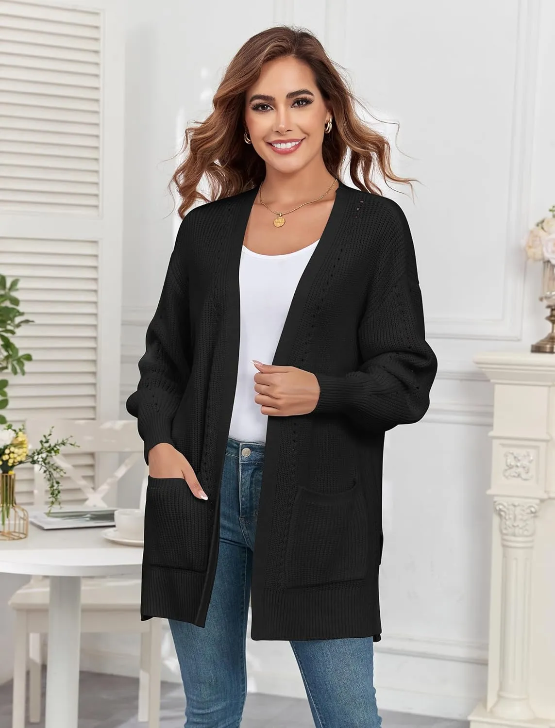 ZAFUL Women's 2024 Fall Knit Cardigans Long Sleeve Open Front Oversized Cardigan Sweaters Jackets with Pockets