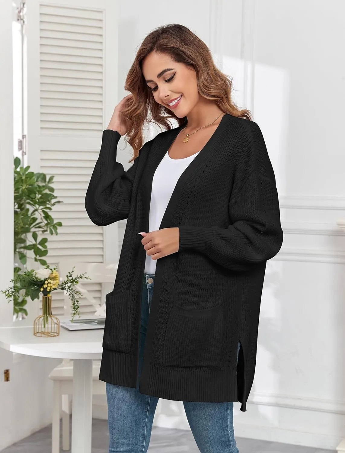 ZAFUL Women's 2024 Fall Knit Cardigans Long Sleeve Open Front Oversized Cardigan Sweaters Jackets with Pockets