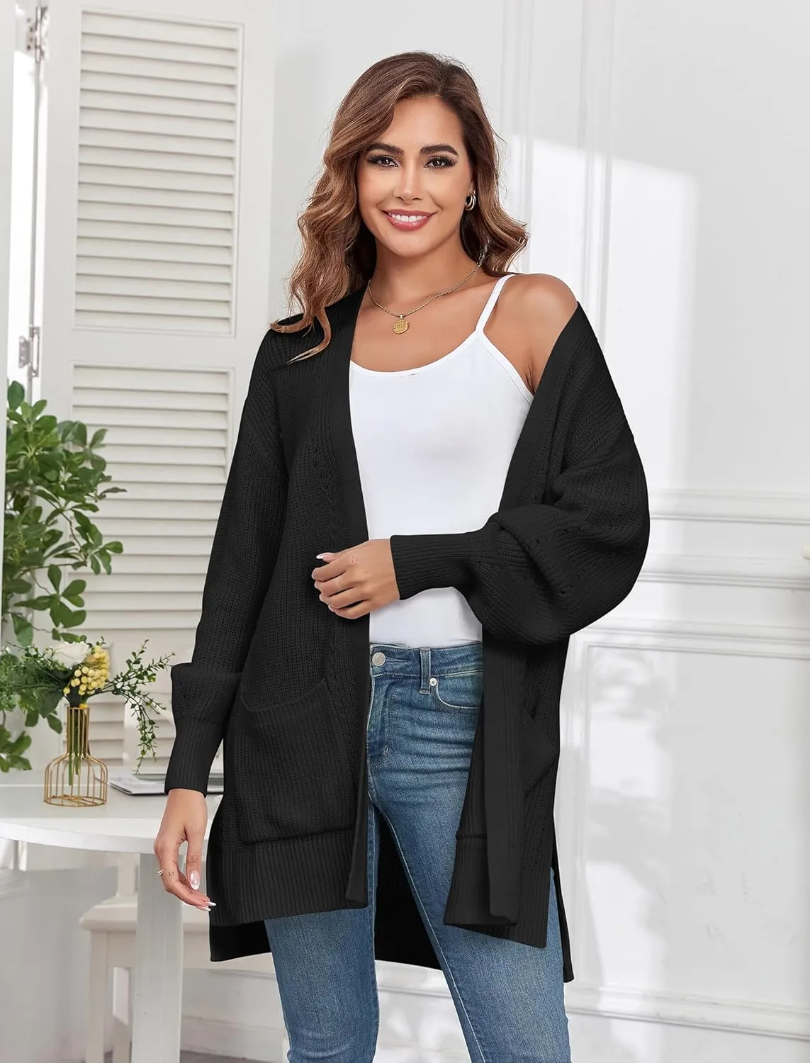 ZAFUL Women's 2024 Fall Knit Cardigans Long Sleeve Open Front Oversized Cardigan Sweaters Jackets with Pockets