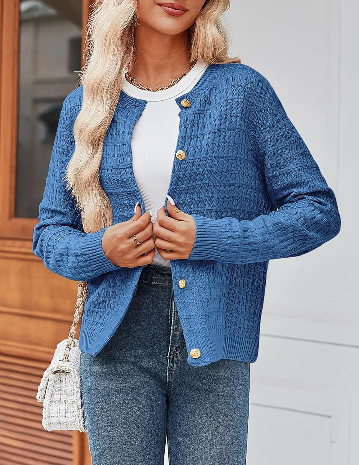 Zeagoo Women's 2025 Cardigan Sweaters Button Down Crew Neck Open Front Long Sleeve Knit Cropped Jackets