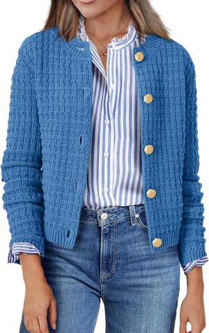 Zeagoo Women's 2025 Cardigan Sweaters Button Down Crew Neck Open Front Long Sleeve Knit Cropped Jackets