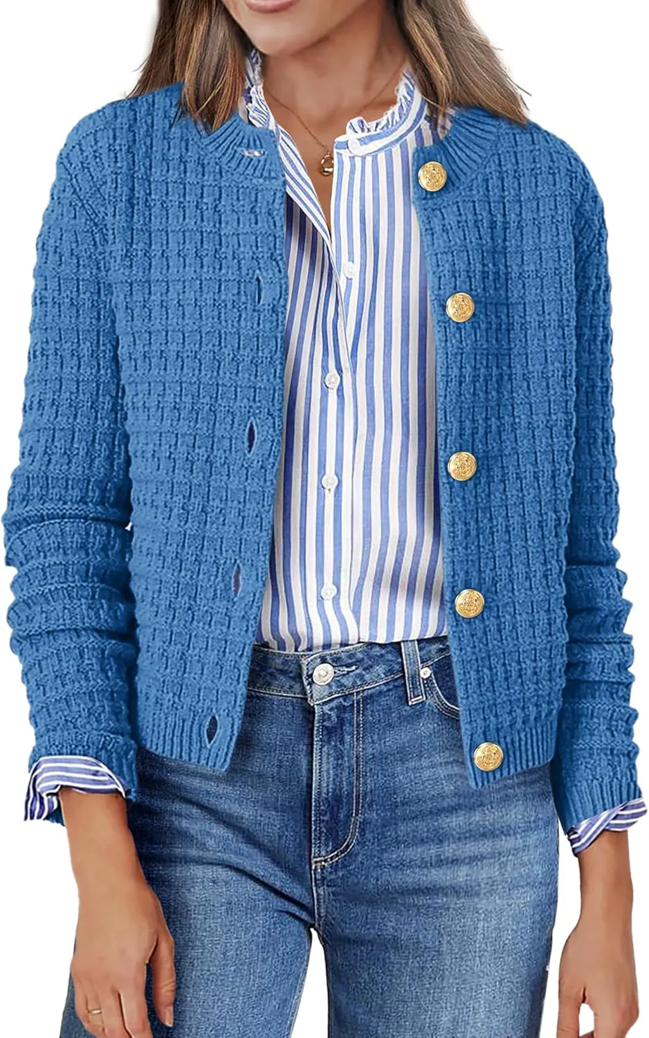 Zeagoo Women's 2025 Cardigan Sweaters Button Down Crew Neck Open Front Long Sleeve Knit Cropped Jackets